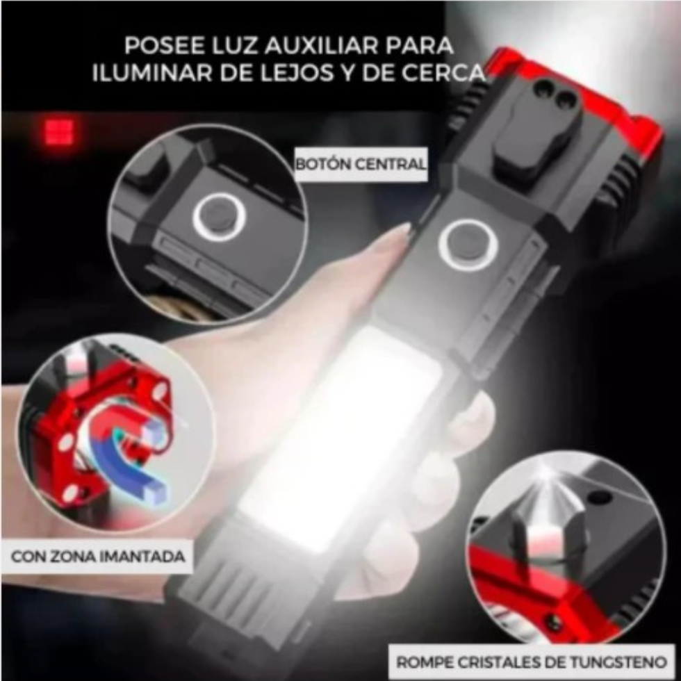 🔦 Linterna LED Táctica 4 en 1 con Martillo de Seguridad y Carga USB ✨