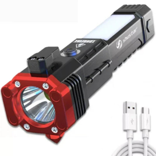 🔦 Linterna LED Táctica 4 en 1 con Martillo de Seguridad y Carga USB ✨