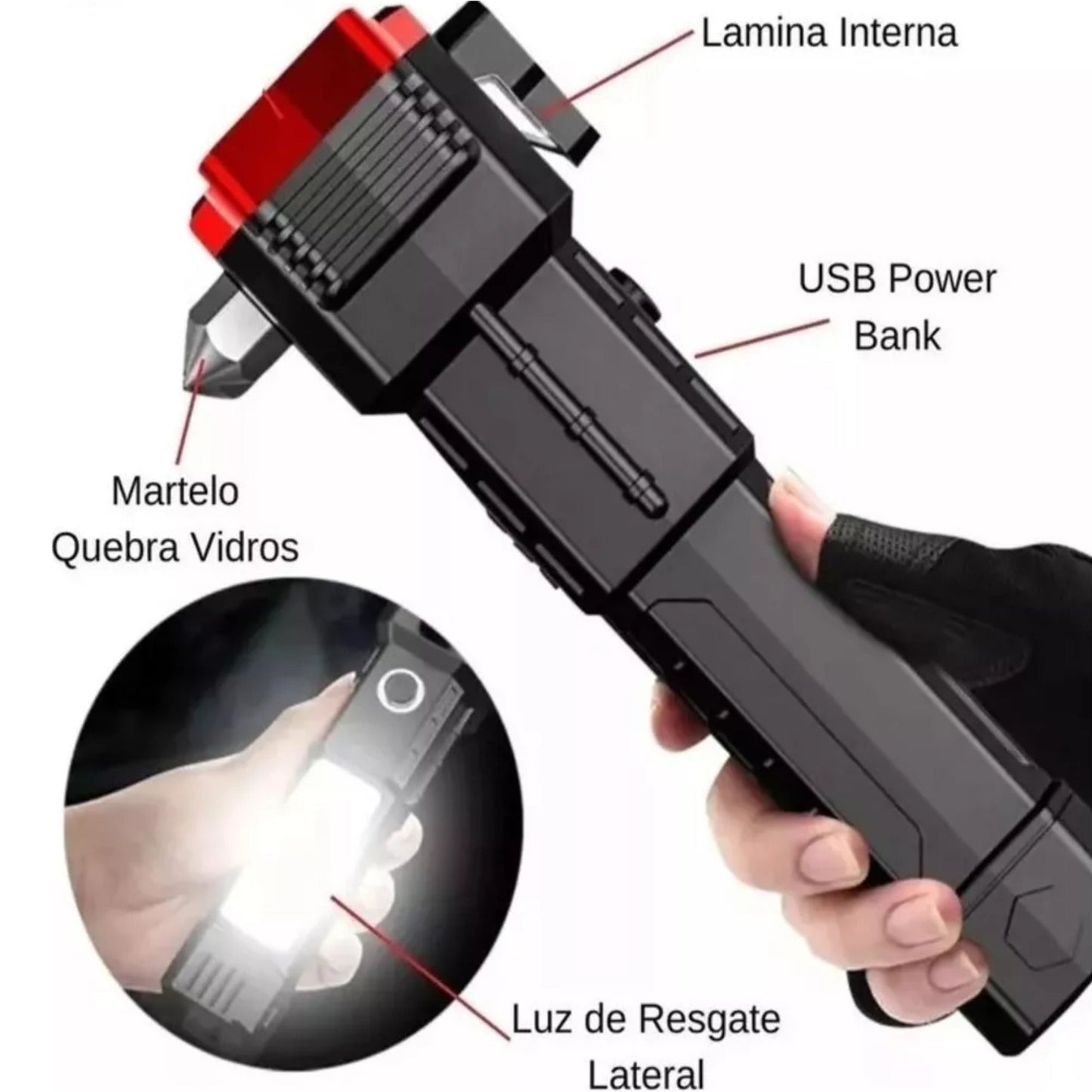 🔦 Linterna LED Táctica 4 en 1 con Martillo de Seguridad y Carga USB ✨